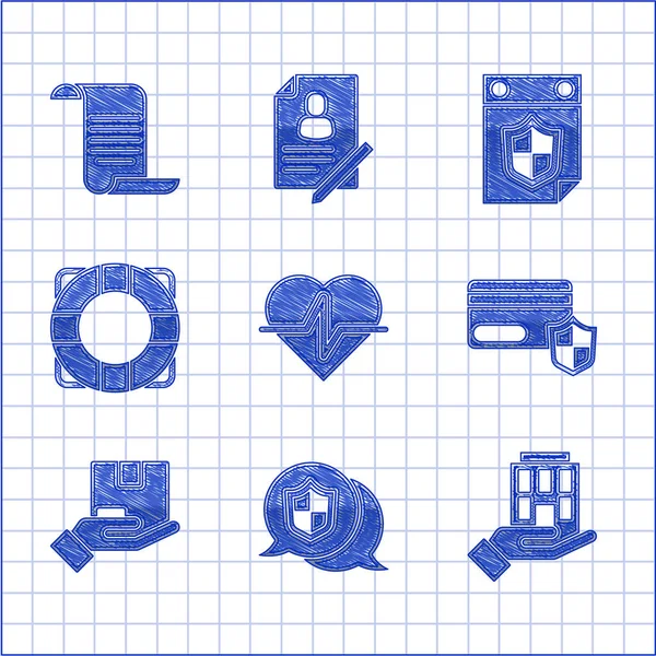 Set Life insurance, Location shield, House hand, Credit card with, Delivery, Lifebuoy, Calendar and Document icon. Vecteur — Image vectorielle