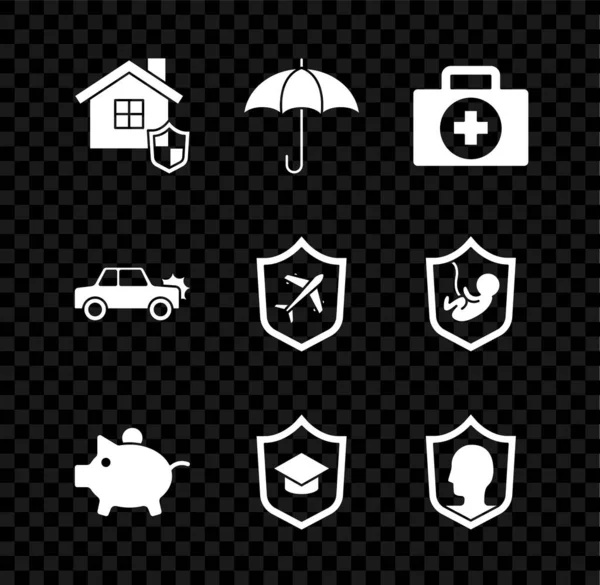 Set House with shield, Umbrella, First aid kit, Piggy bank, Graduation cap, Life insurance, Car and Plane icon. Vektor — Stockový vektor