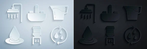 Set Wasserkühler, Glas mit Wasser, Tropfen, Recycle sauberen Aqua, Waschbecken Wasserhahn und Dusche Symbol. Vektor — Stockvektor