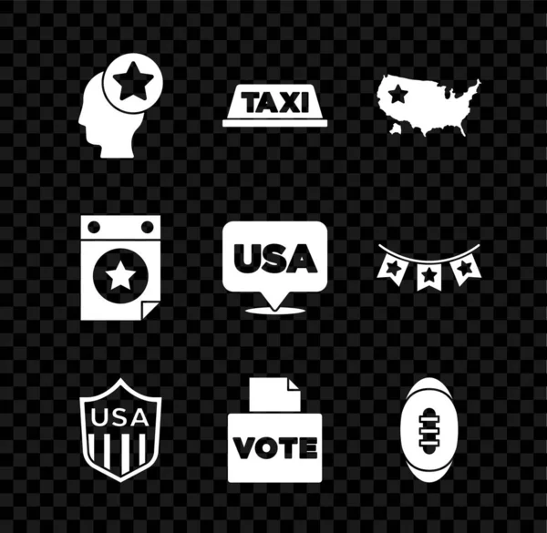 Set USA Head, Taxi auto tetto, mappa, Scudo con stelle, casella di voto, palla da football americano, data calendario 4 luglio e l'icona del giorno dell'indipendenza. Vettore — Vettoriale Stock