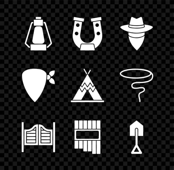 Set Camping lantern, Horseshoe, Cowboy, Saloon door, Pan flute, Shovel, bandana and Indian teepee wigwam icon. Vector — Stock Vector