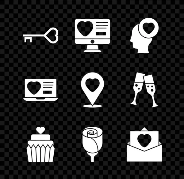 Set Key in heart shape, Ismerkedés app online, Head with, Esküvői torta, Virág rózsa, Boríték Valentin, and Location icon. Vektor — Stock Vector