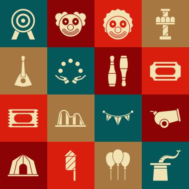 Sihirbaz şapkası, top, sirk bileti, palyaço kafası, hokkabazlık topu, Balalaika, Hedef ve Bowling pin simgesi. Vektör