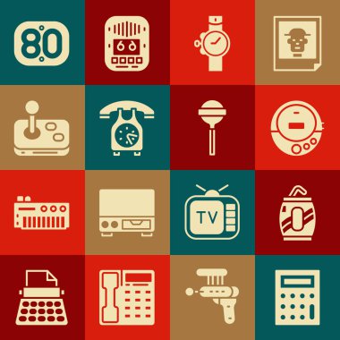 Calculator, Soda kutusu ile saman, müzik CD çalar, bilek saati, telefon ahizesi, Joystick, 80 'ler Retro ve Lollipop simgesi. Vektör