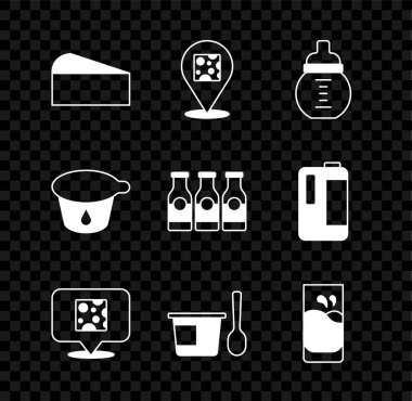 Peynir, biberonda bebek sütü, kaşık, bardak ve şişe ikonuyla yoğurt kabı. Vektör