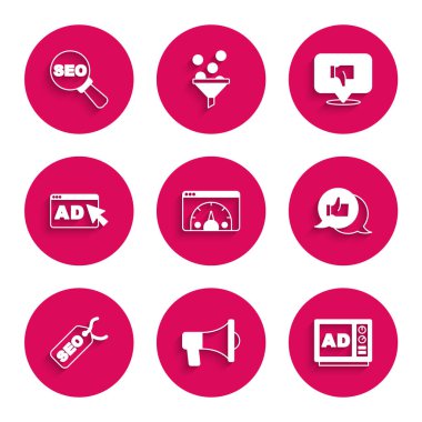 Web sitesi istatistiği, Megaphone, Reklamcılık, Müşteri Ürünleri derecesi, SEO optimizasyonu, Konuşma baloncuğu ve simgesini ayarla. Vektör