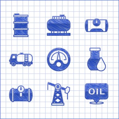 Motor benzin göstergesi, yağ pompası kriko, kelime yağı, benzin test tüpü, araç için benzin deposu, tanker kamyonu ve fıçı ikonu ayarlayın. Vektör