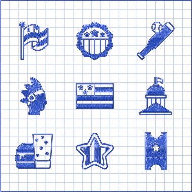 Amerikan bayrağı, Amerika 'nın Bağımsızlık Günü, Beyzbol bileti, Beyaz Saray, Burger, Kızılderili, sopayla ve ikonla vur. Vektör