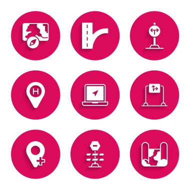 Dizüstü bilgisayarı konum işareti, yol bariyeri, katlanmış harita, trafik işareti, konum, helikopter iniş pisti, yol ayrımı ve şehir ikonu ile ayarla. Vektör