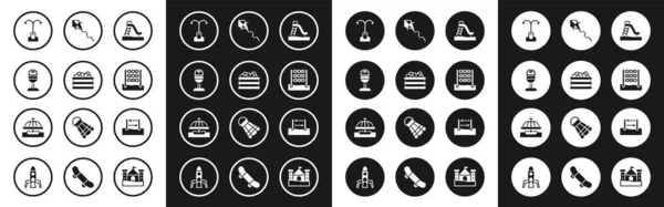 Kid slide, Pool with balls, Trash can, Street light, Tic tac totgame, Kite, Abacus and Attraction Carousel icon. Vector — 스톡 벡터