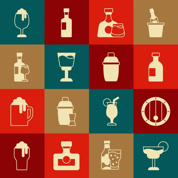 Set Cóctel, Barril de madera, Botella de cristal de vodka, Whisky y vaso, Vino, con, cerveza y el icono del agitador. Vector — Vector de stock