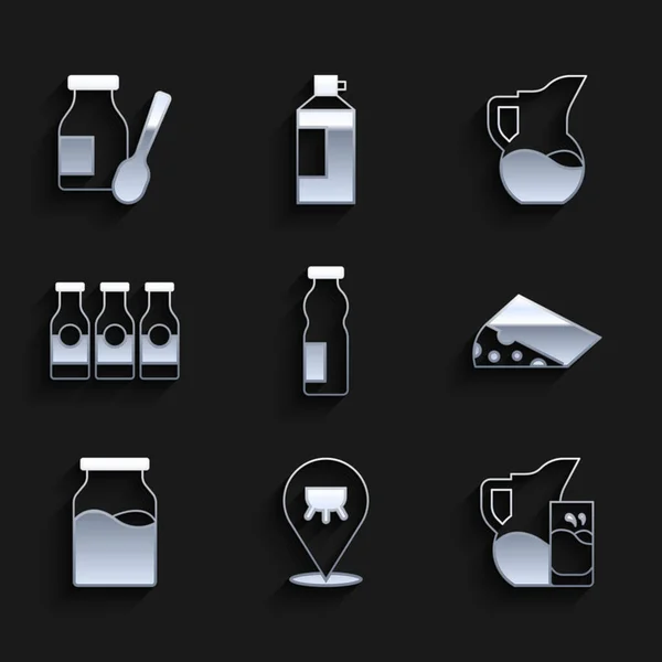 Set Yogur para beber en botella, Udder, Jarra de leche o jarra y vaso, Queso, Botella con leche e icono. Vector — Archivo Imágenes Vectoriales