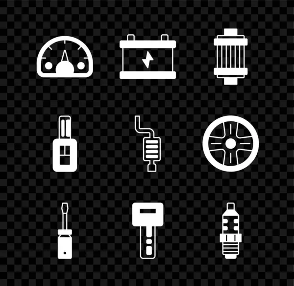 Állítsa sebességmérő, Autó akkumulátor, légszűrő, csavarhúzó, kulcs távirányítóval, gyertya dugó, és kipufogó ikon. Vektor — Stock Vector