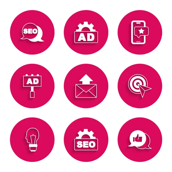 Posta ve e-postayı ayarla, SEO optimizasyonu, Müşteri ürün derecelendirmesi, Hedef, Fikir konsepti, Reklamcılık, Mobil Eleştiri ve simge içeren ampul. Vektör