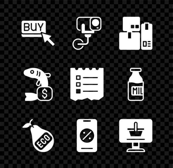 Кнопка Set Buy, Камера безопасности, Кассовый аппарат, Здоровый органический горошек, Скидка и мобильный телефон, Компьютер для покупок, Ценник на рыбу и значок списка. Вектор — стоковый вектор