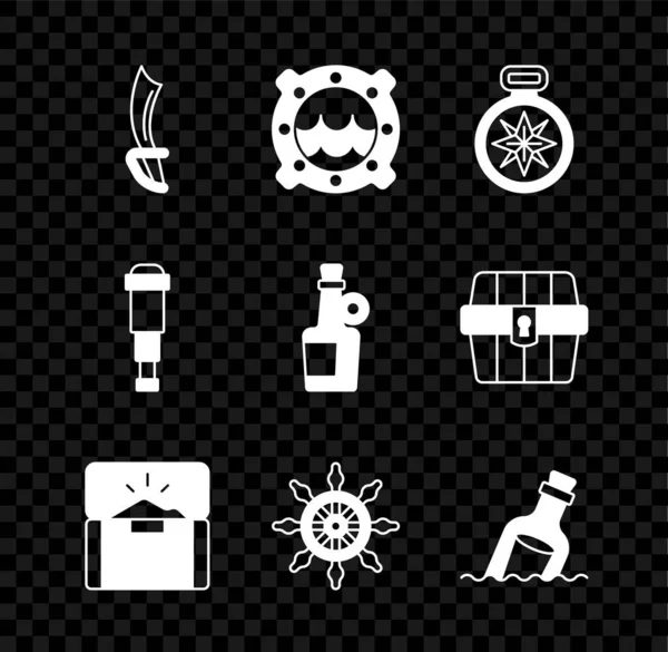 Set Pirate sword, Ship porthole with seascape, Compass, Antique treasure chest, steering wheel, Bottle message water, Spyglass telescope lens and Alcohol drink Rum icon. Vector — Stock Vector