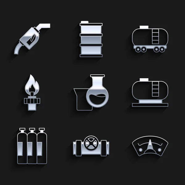 Set Öl-Benzin-Reagenzglas, metallische Rohre und Ventile, Motor-Gasmessgerät, Tank-Lagerung, Industrie-Zylinder, Bohrinsel mit Feuer, Eisenbahn-Zisterne und Benzinpumpe Zapfpistole Symbol. Vektor — Stockvektor