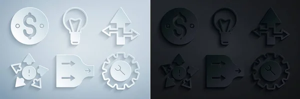 Impostare freccia, molti modi freccia direzionale, chiave e ingranaggio, Lampadina e simbolo Dollaro icona. Vettore — Vettoriale Stock