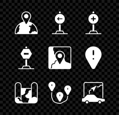 Dünyanın konumunu ayarla, trafik işareti sola dön, çapraz hastane, katlanmış harita, rota konumu, şehir navigasyonu, dur ve işaretleme simgesi. Vektör