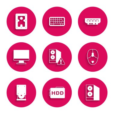 Case of bilgisayar, Hard disk sürücü HDD, Bilgisayar faresi, Optik disk, monitör ekran, RAM, rastgele erişim belleği ve simge ayarla. Vektör