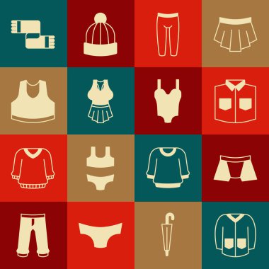 Süveter, erkek iç çamaşırı, tayt, atlet, atkı ve mayo ikonu. Vektör