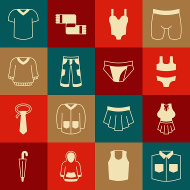 Tişört, atlet, mayo, pantolon, kazak, tişört ve erkek iç çamaşırı ikonu. Vektör