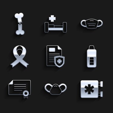 Hasta rekoru, tıbbi koruyucu maske, acil durum - Yaşam Yıldızı, dijital termometre, sertifika şablonu, farkındalık kurdelesi ve kırık insan kemik ikonu. Vektör