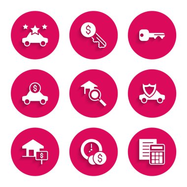 Arama Evi Ayarla, Zaman Para, Hesap Makinesi, Rozetli Araba, Ev Doları, Kiralama, Anahtar ve Paylaşma Simgesi. Vektör