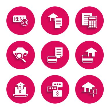 Kredi kartı ayarla, Price pazarlığı, dolarlı ev, online emlak, araba paylaşımı, hesap makinesi ve kira ikonu. Vektör