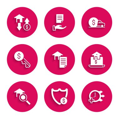 Ev sözleşmesi, Dolar, Saat, Çevrimiçi gayrimenkul, Arama evi, Kira anahtarı, Araba Kiralama ve ikon. Vektör