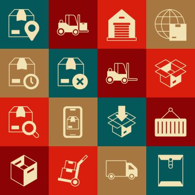 Zarf, konteynırı vinç, boks, depo, karton karton saat, konum ve forklift kamyon simgesi ile ayarlayın. Vektör