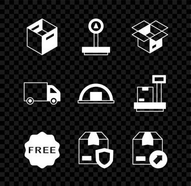 Karton karton kutu, ölçek, boks yapma, pirinç etiketi, ücretsiz teslimat güvenlik kalkanı, kargo kamyonu ve depo ikonu. Vektör