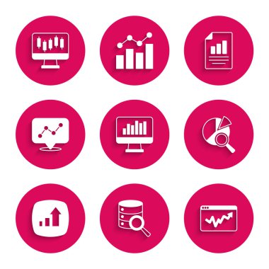 Grafik tablosu, Sunucu, Grafik bilgisi, Arama veri analizi, Finansal büyüme, Belge ve Borsa grafik simgesi ile monitörü ayarla. Vektör