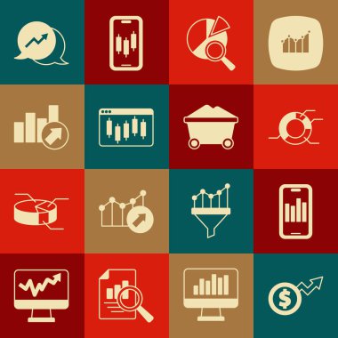 Finansal büyüme dolarını ayarla, grafikli mobil, turta grafiği, arama veri analizi, tarayıcı hisse senedi pazarı ve kömür madeni troleybüsü ikonu. Vektör