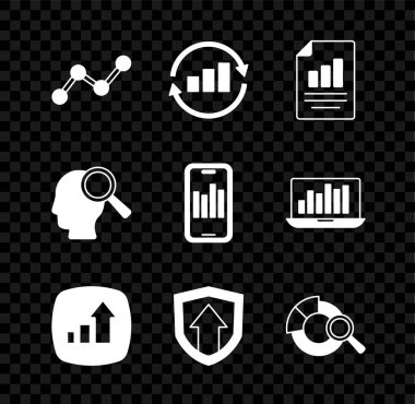 Grafik grafiği bilgisini, belgeyi, mali büyümeyi, arama veri analizini, insanları ve mobil simgeyi ayarla. Vektör