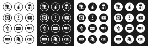 Set Fuente de alimentación ininterrumpida, ratón de ordenador, refrigerador, caja de ordenador, unidad de disco duro HDD, monitor e icono de Internet de red de cable LAN. Vector — Archivo Imágenes Vectoriales