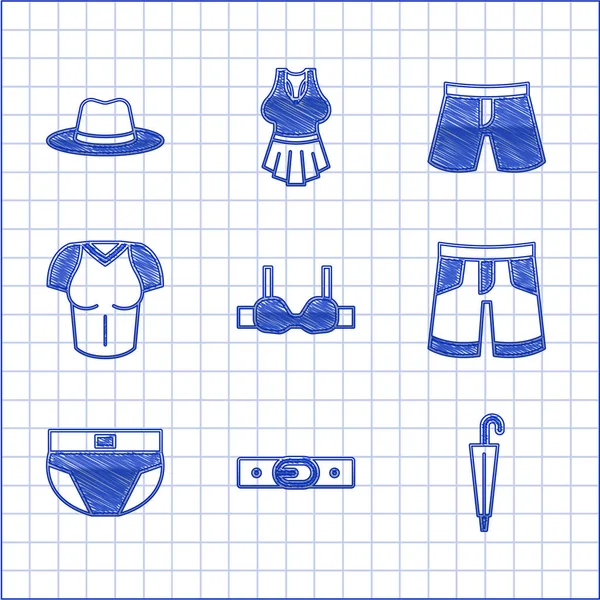 Set Sutiã, cinto, guarda-chuva, curto ou calças, cuecas masculinas, camiseta e ícone de chapéu de homem. Vetor —  Vetores de Stock
