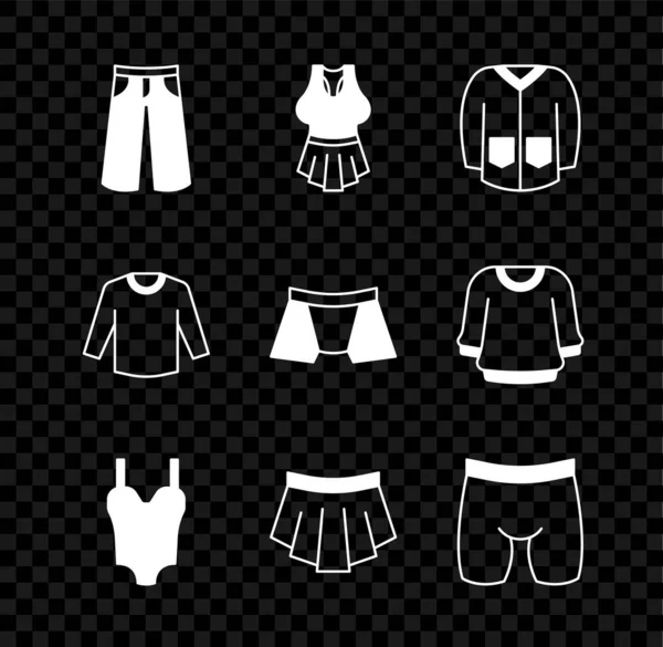 Set Pants, Undershirt, Sweater, Swimsuit, Skirt, cyberter shorts, 그리고 Men underpants 아이콘. Vector — 스톡 벡터