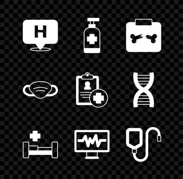 Set Ubicación hospital, jabón antibacteriano, inyecciones de rayos X con hueso roto, cama de hospital, cardiograma monitor, bolsa IV, máscara de protección médica e icono de registro de pacientes. Vector — Archivo Imágenes Vectoriales