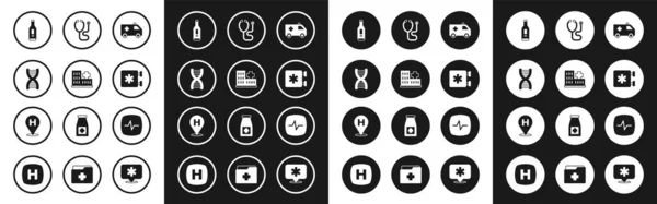 Ställ Ambulansbil, Sjukhus byggnad, DNA-symbol, Digital termometer, Nödsituation - Star of Life, Stetoskop, Puls och Plats sjukhusikon. Vektor — Stock vektor