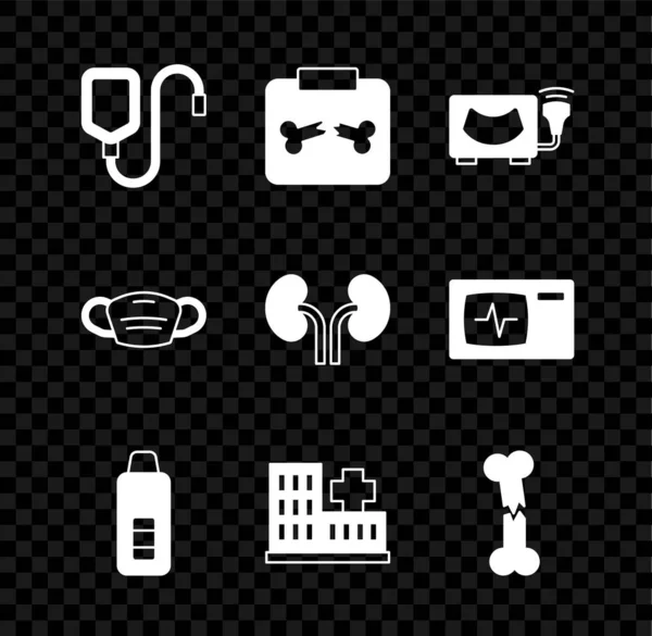 Set de bolsa IV, inyecciones de rayos X con hueso roto, ultrasonido, termómetro digital, edificio del hospital, humano, máscara protectora médica e icono de los riñones. Vector — Archivo Imágenes Vectoriales