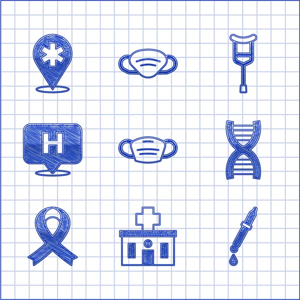 Set Medizinische Schutzmaske, Krankenhausgebäude, Pipette, DNA-Symbol, Bewusstseinsband, Standort Krankenhaus, Krücke oder Krücken und Symbol. Vektor — Stockvektor