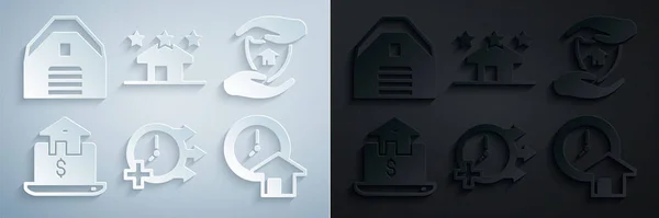 Set Horloge, Maison avec bouclier, Immobilier en ligne, Le temps est argent, Immobilier et Garage icône. Vecteur — Image vectorielle