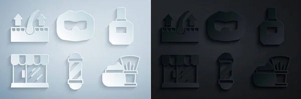 Set klassische Friseurstange, Aftershave, Barbershop Gebäude, Rasierpinsel mit Schaum, Schnurrbart und Bart und Echthaar-Follikel-Symbol. Vektor — Stockvektor