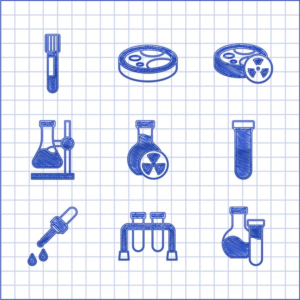 Set Reagenzglas mit giftiger Flüssigkeit, Pipette, Kolben auf Ständer und Symbol. Vektor — Stockvektor