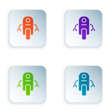 Renkli Robot simgesi beyaz arkaplanda izole edildi. Yapay zeka, makine öğrenme, bulut hesaplama. Kare düğmelere renkli simgeleri yerleştir. Vektör