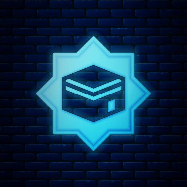 Parlayan neon rengi Kabe camii simgesi tuğla duvar arkasında izole edilmiş. Kabe 'deki hac ibadeti Ramazan-ı İslam camii. Vektör