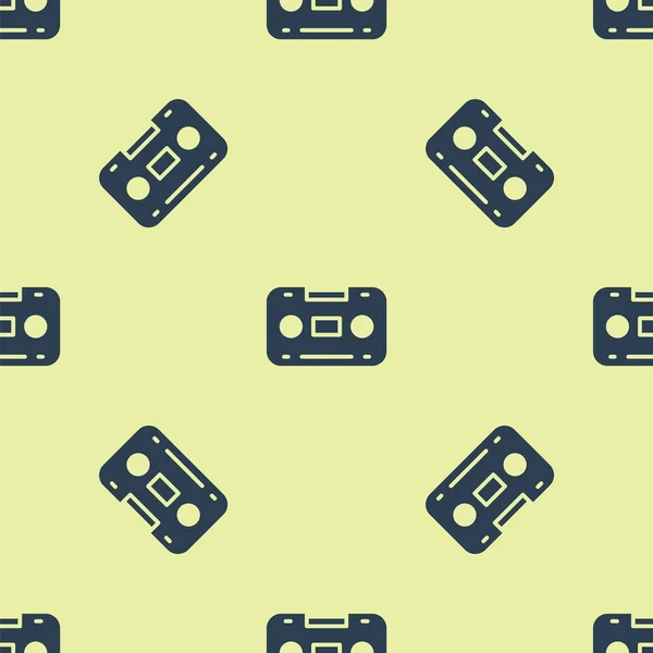 Blue Retro audio cassette tape icon isolated seamless pattern on yellow background. Vector — Stock Vector