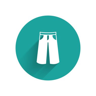 Beyaz Pantolon simgesi uzun gölge arkaplanı ile izole edildi. Pantolon imzası. Yeşil daire düğmesi. Vektör