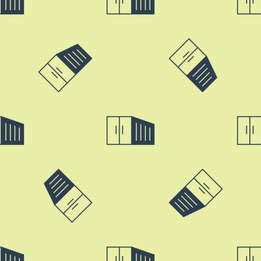 Mavi konteyner simgesi sarı arkaplanda izole edilmiş pürüzsüz desen. Crane içinde kargo olan bir konteynırı kaldırıyor. Vektör